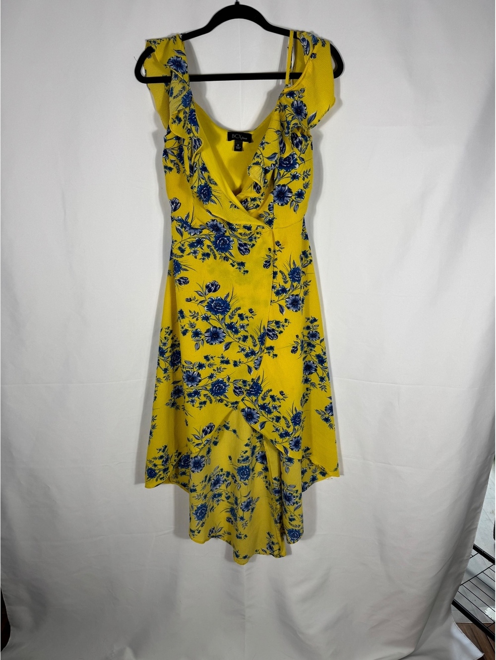 BCX Yellow Floral Ruffle Wrap Dress Medium